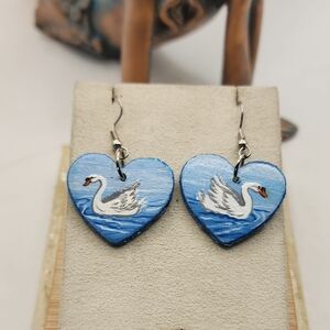 Hand Painted Blue Heart Wood Swan Earrings